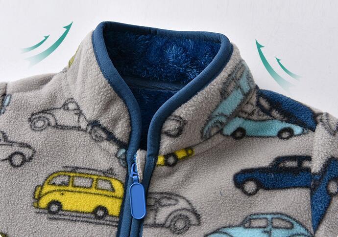 Warm winter jacket for children with stand-up collar and cartoon motif