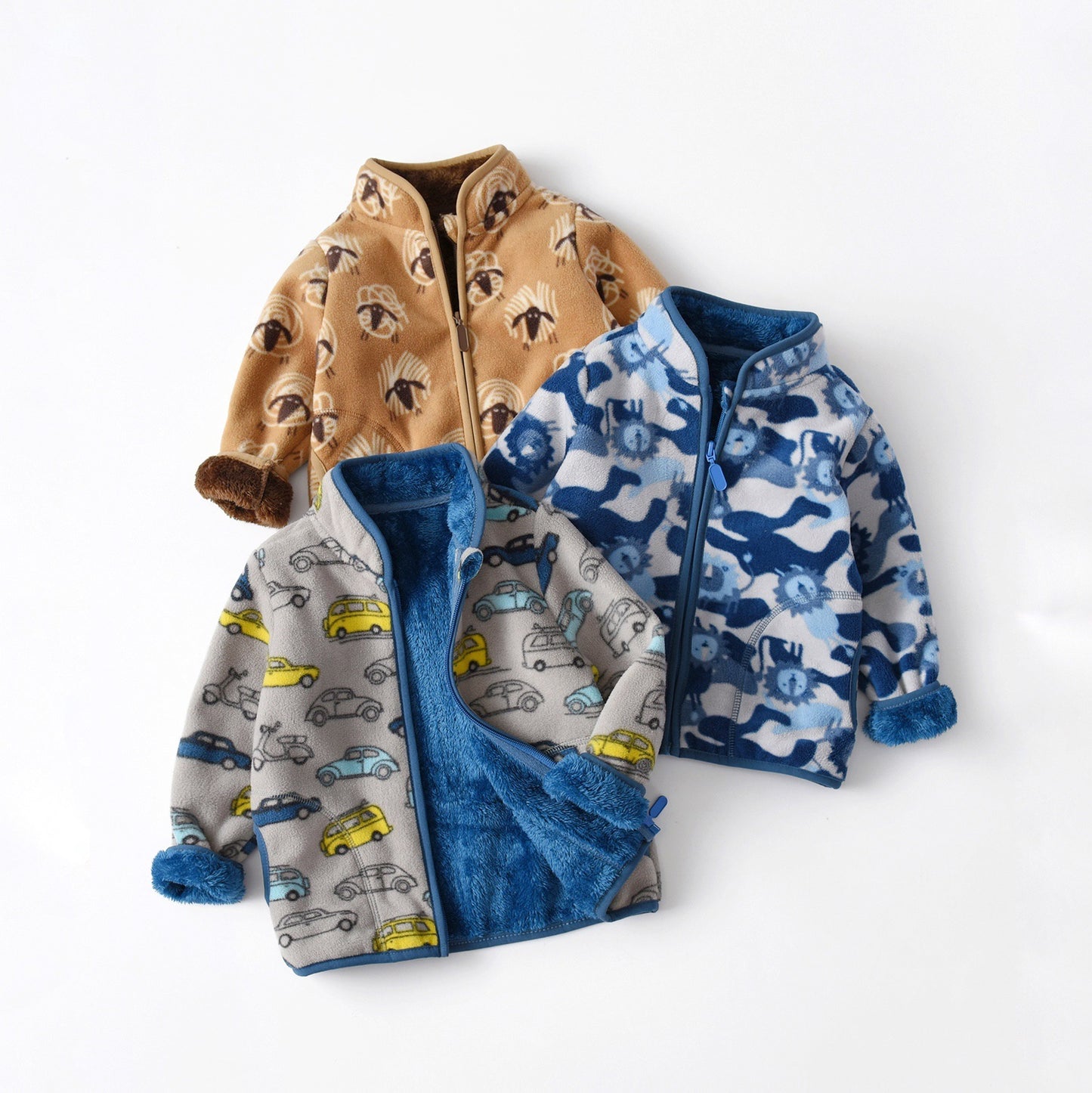 Warm winter jacket for children with stand-up collar and cartoon motif