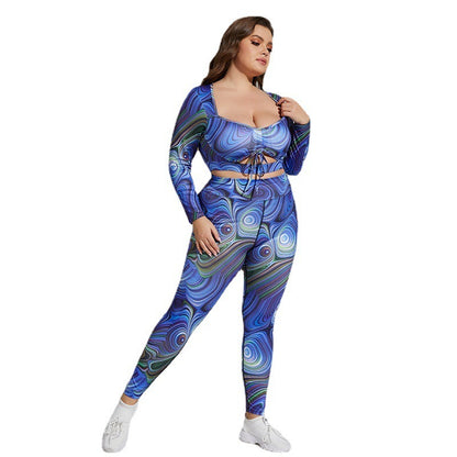 Plus size yogaset – luftigt träningsset med tryck & banddetalj