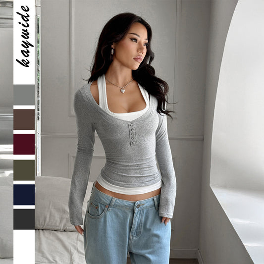 Women's Colorblock All-matching Fake Two-piece Suspender Long-sleeved T-shirt