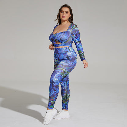 Plus size yogaset – luftigt träningsset med tryck & banddetalj