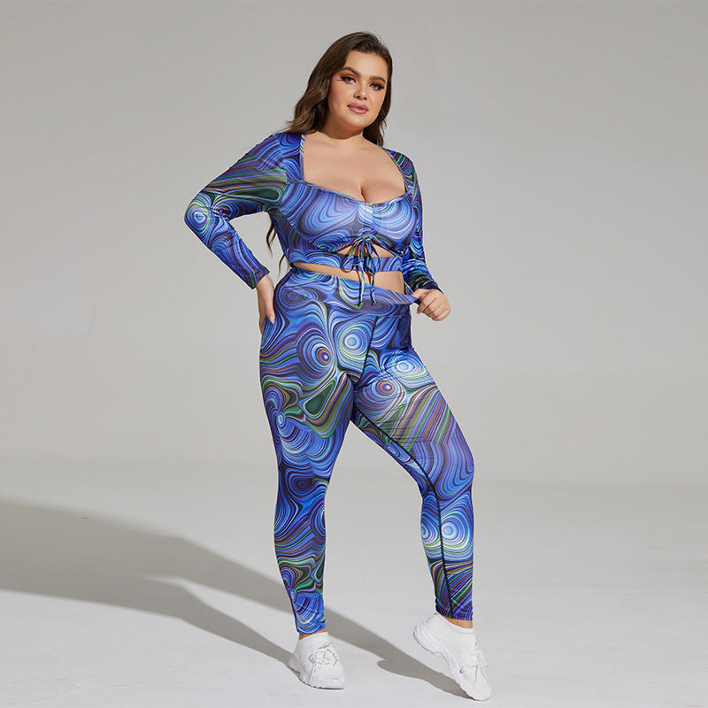 Plus size yogaset – luftigt träningsset med tryck & banddetalj