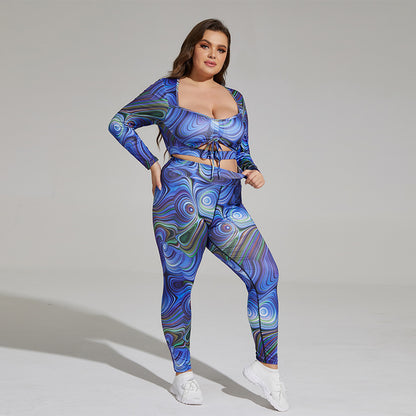 Plus size yogaset – luftigt träningsset med tryck & banddetalj
