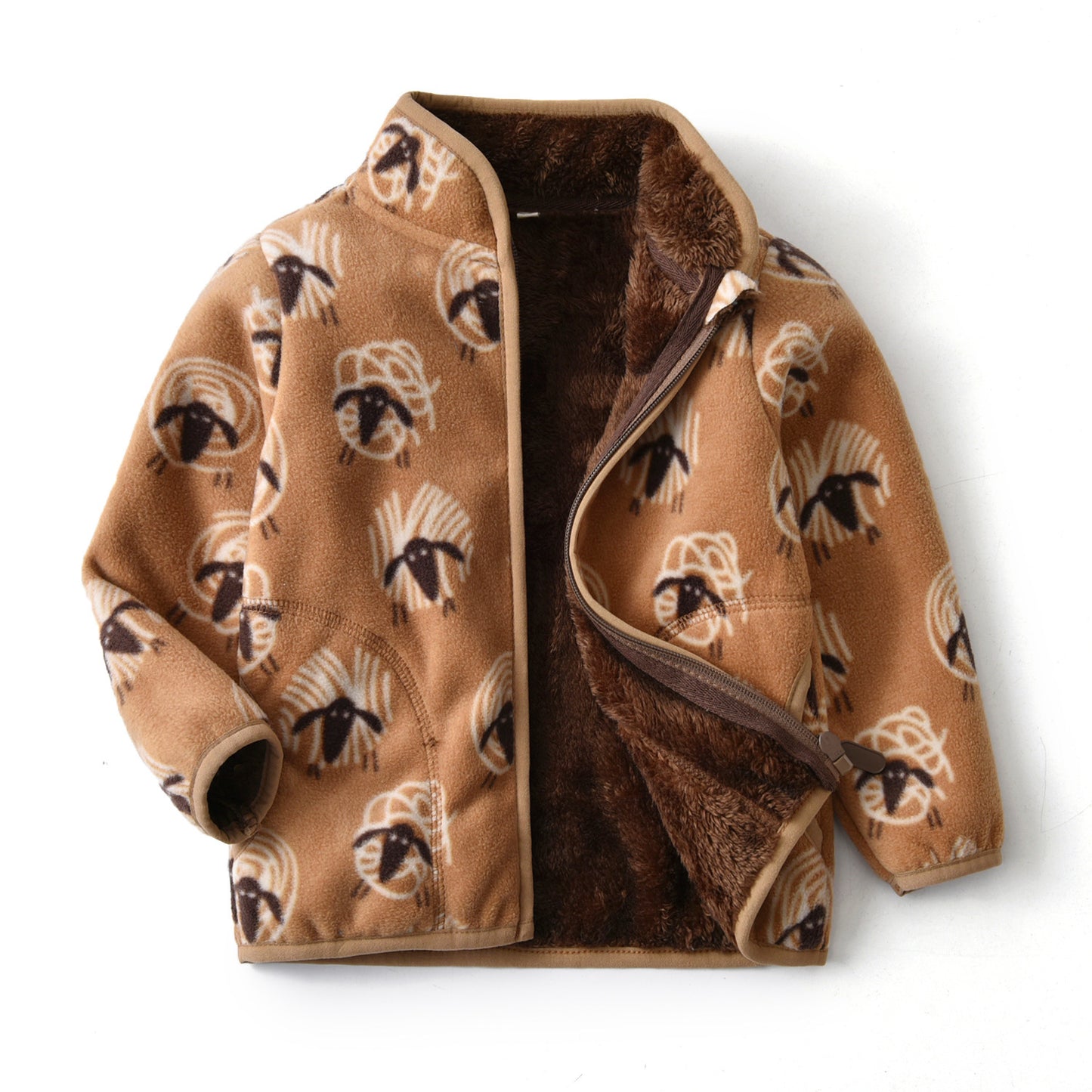 Warm winter jacket for children with stand-up collar and cartoon motif