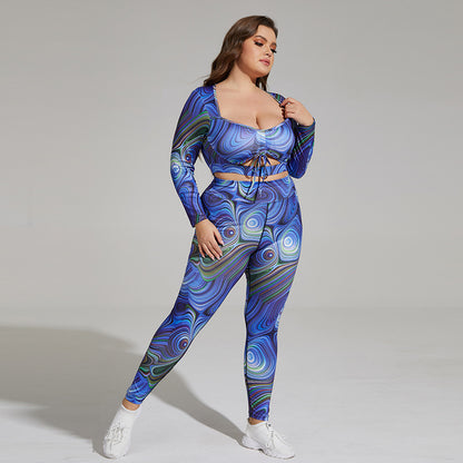 Plus size yogaset – luftigt träningsset med tryck & banddetalj