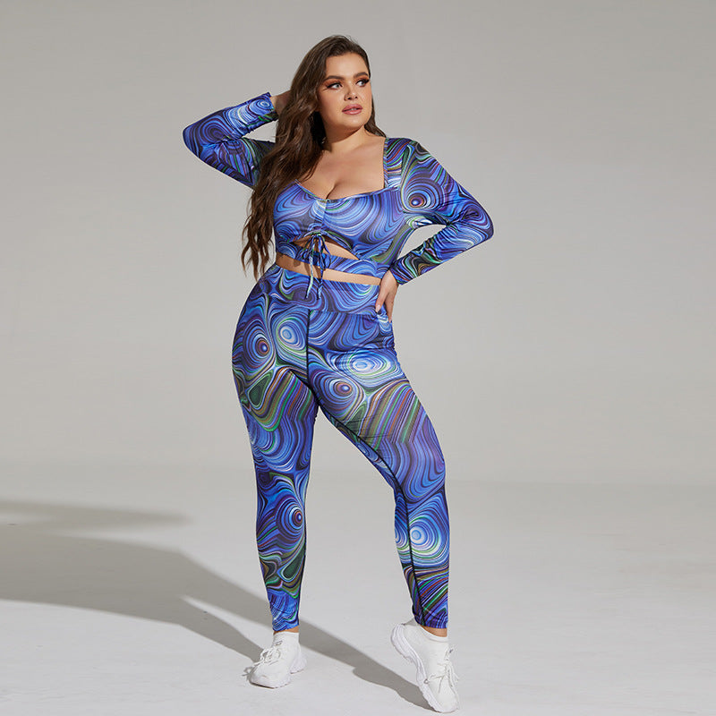 Plus size yogaset – luftigt träningsset med tryck & banddetalj