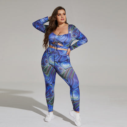 Plus size yogaset – luftigt träningsset med tryck & banddetalj