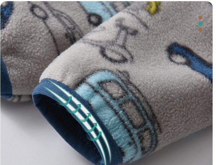 Warm winter jacket for children with stand-up collar and cartoon motif