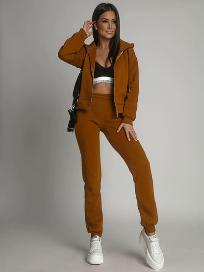 Varmt träningsset med dragkedja för kvinnor – mörk karamell